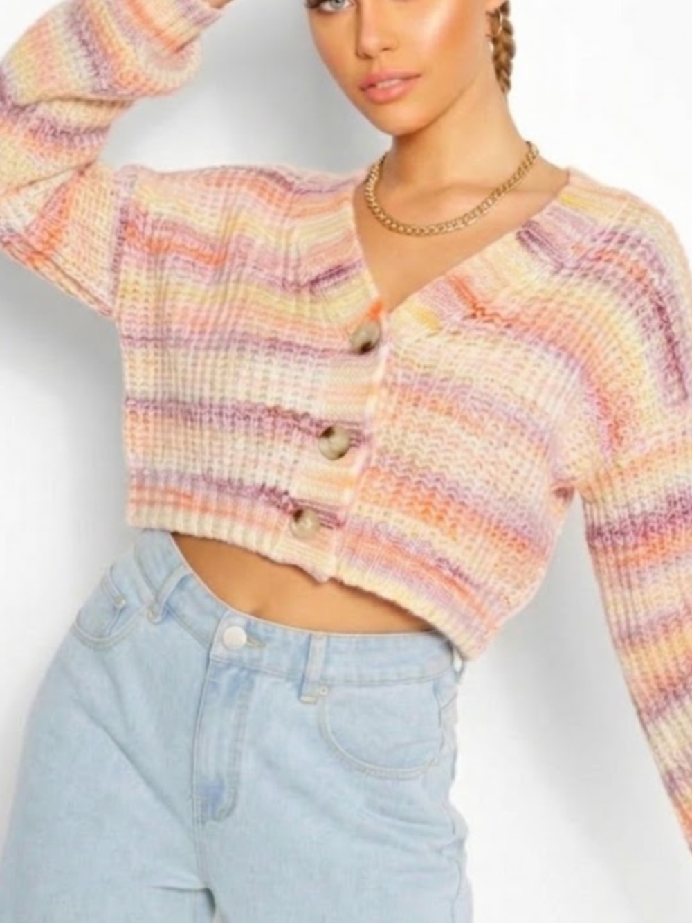 PrettyLittleThing Space Dye Stripe Chunky Knit Cropped Cardigan, XS
